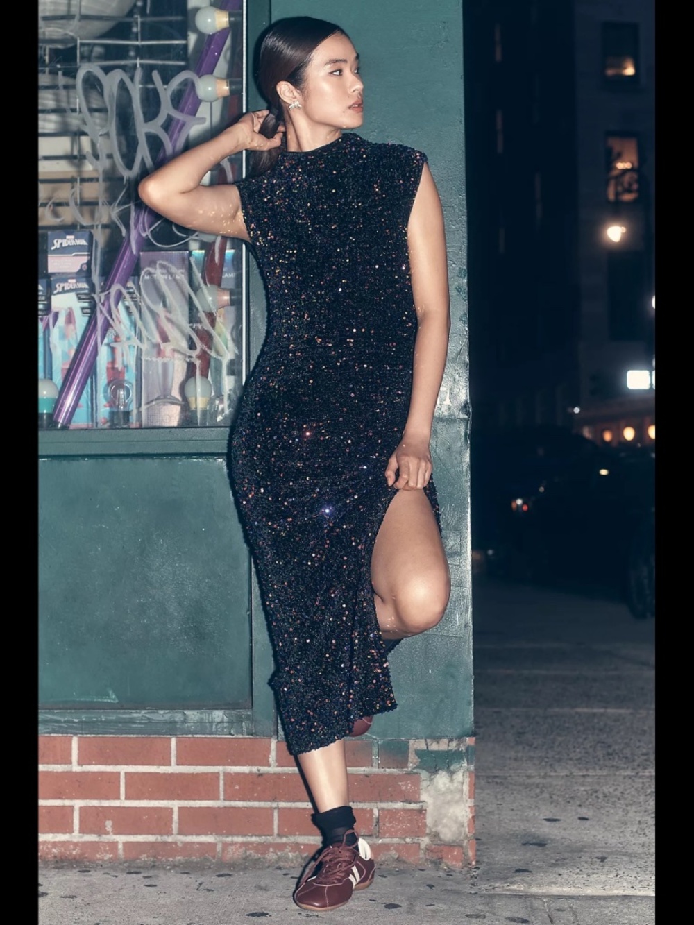 Anthropologie The Maya Ruched Cowl-Neck Sequin Mesh Dress